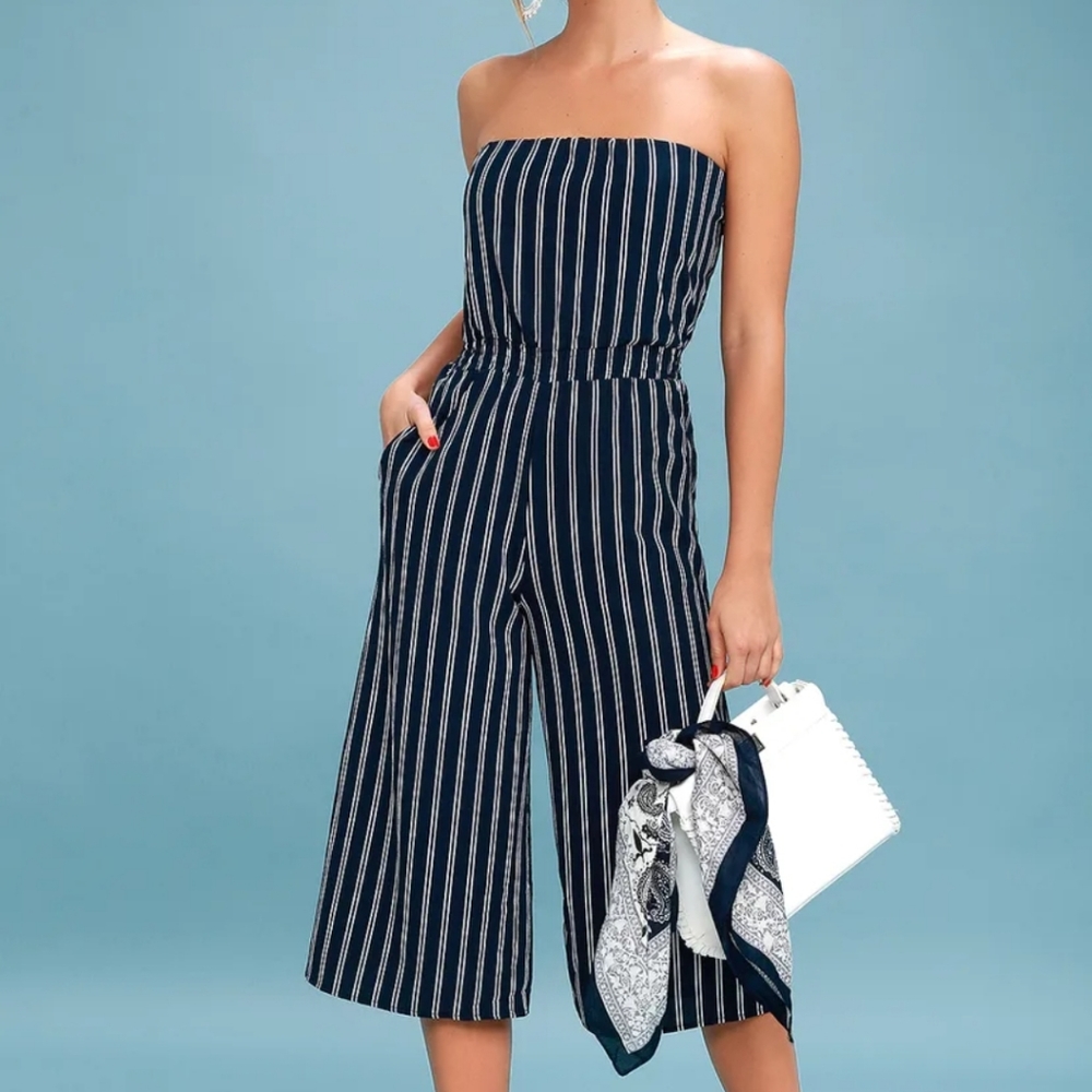 Kersh Navy Striped Strapless Cropped Romper